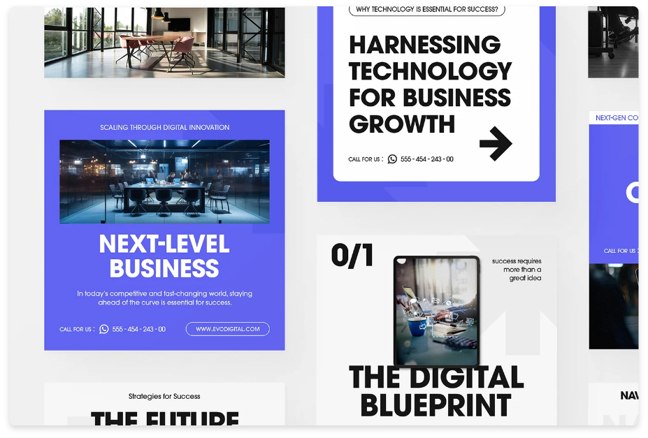 A collection of digital marketing and business growth graphics featuring bold typography, modern layouts, and professional images of workspaces. The designs emphasize technology, innovation, and digital strategies with titles like "Next-Level Business," "Harnessing Technology for Business Growth," and "The Digital Blueprint.