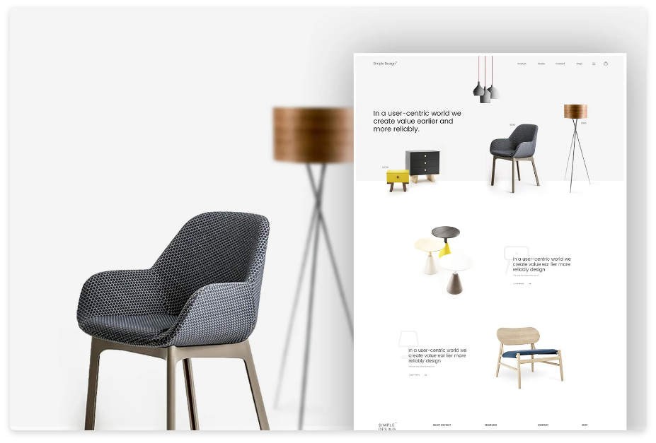 Minimalist e-commerce website design mockup showcasing modern furniture pieces with a clean, white background.