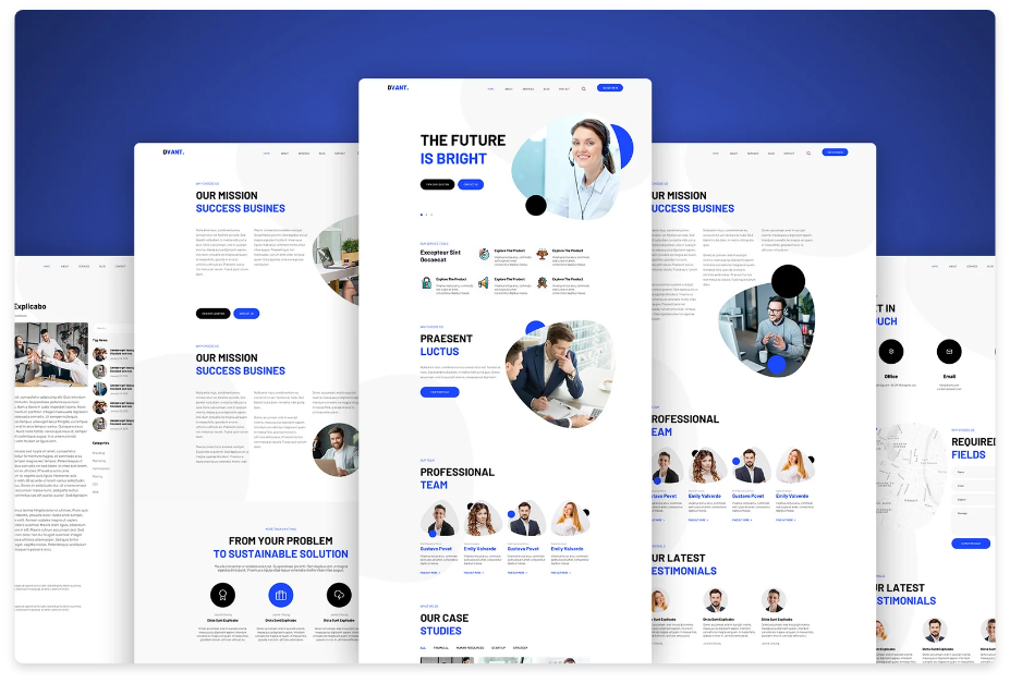 Modern WordPress website design mockup with a clean layout, blue accents, and sections for mission, team, case studies, and testimonials.