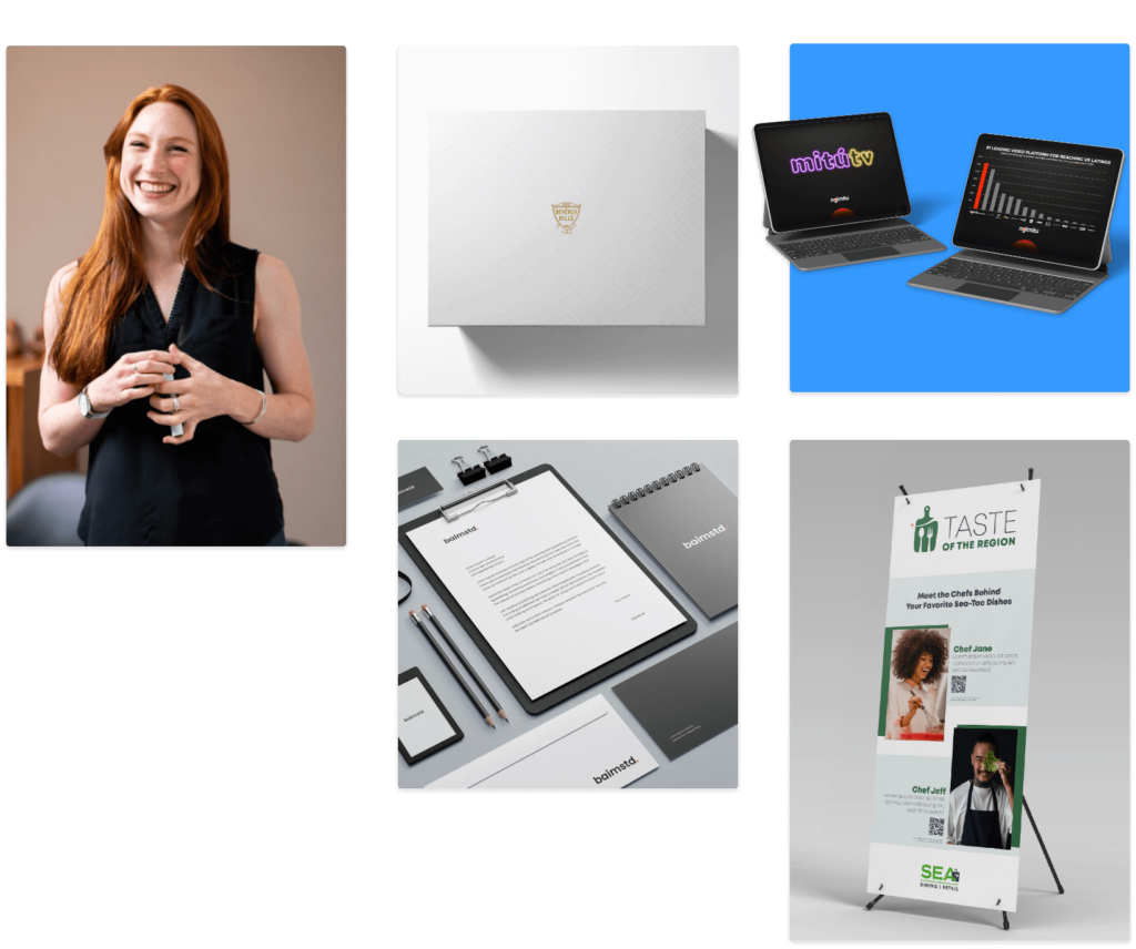 A hero image featuring a woman with red hair speaking confidently, alongside a collage of graphic design projects, including branding materials, packaging, digital interfaces, and signage. The layout emphasizes Creative Grin’s expertise in branding and visual identity design.