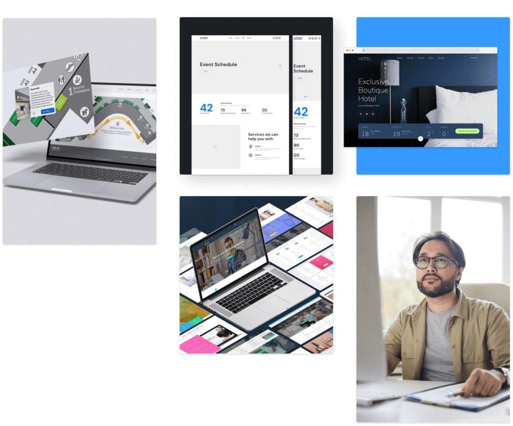 A hero image showcasing Creative Grin’s web design services, featuring a collage of modern website designs, UI/UX interfaces, and a professional working at a desk. The visuals highlight expertise in custom web development, WordPress design, and digital experience optimization.