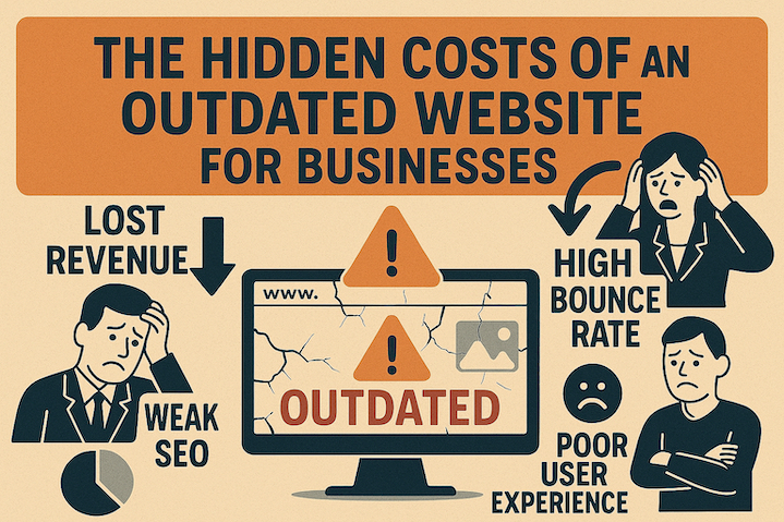 Infographic showing the hidden costs of an outdated business website including lost revenue, high bounce rate, poor user experience, and weak SEO