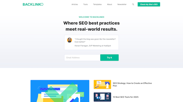 Screenshot of Backlinko homepage showcasing SEO blog layout, call-to-action for email signup, and featured content links