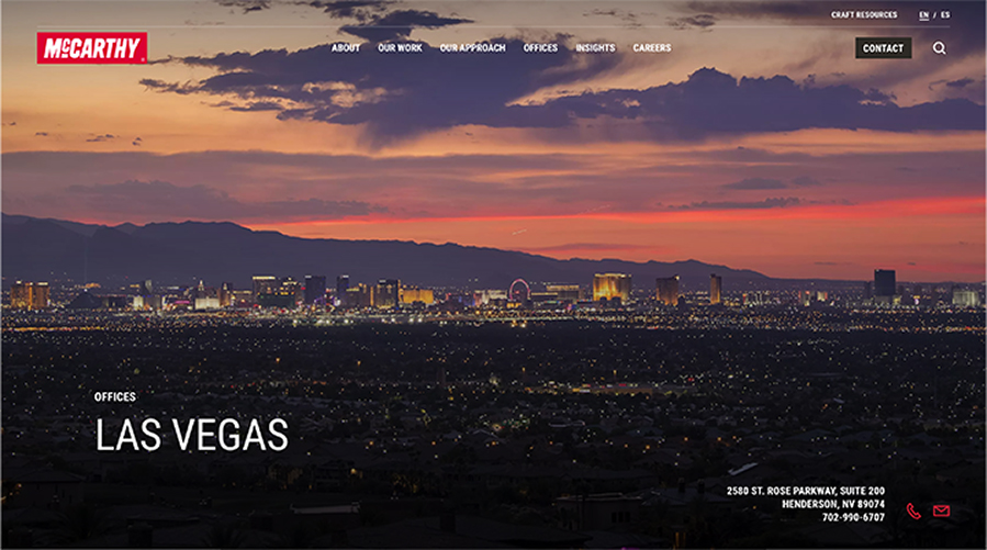 Screenshot of McCarthy Las Vegas business website showing city skyline at sunset and site navigation highlighting services and contact options