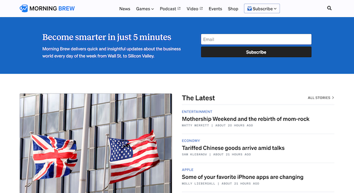 Screenshot of Morning Brew homepage featuring newsletter sign-up, breaking news headlines, and categories like entertainment, economy, and tech