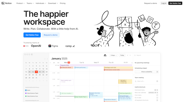 Notion homepage showcasing connected tools, collaborative features, and account login for members