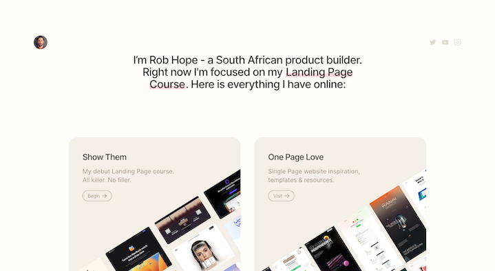 Screenshot of Rob Hope’s personal portfolio website homepage, showcasing his landing page course and design projects.