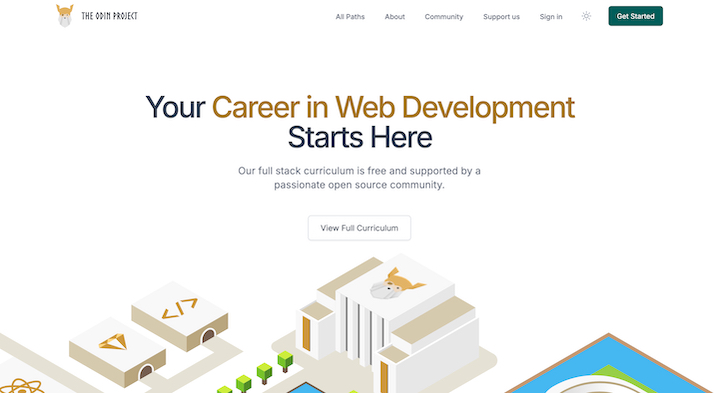 Screenshot of The Odin Project homepage with headline “Your Career in Web Development Starts Here” and navigation links to curriculum, community, and resources