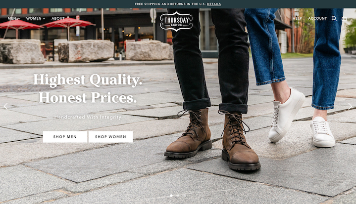 Screenshot of Thursday Boot Company e-commerce homepage showing footwear product categories, navigation menu, and hero banner with text “Highest Quality. Honest Prices.”