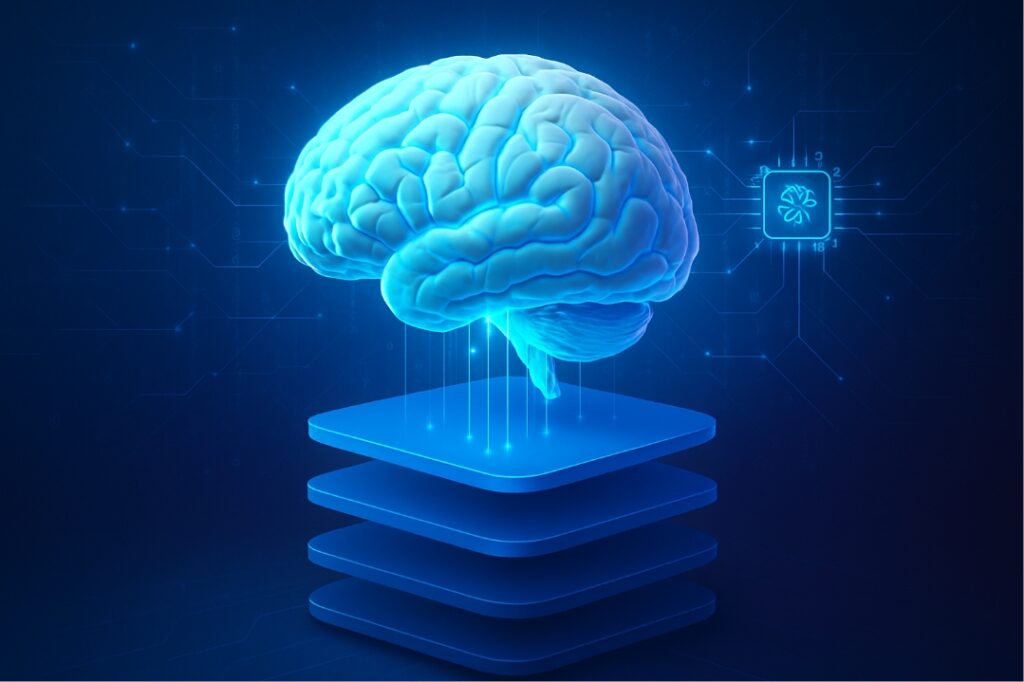 3D illustration of a human brain hovering above a layered tech stack, surrounded by glowing data streams and neural patterns, representing AI model architecture in 2025