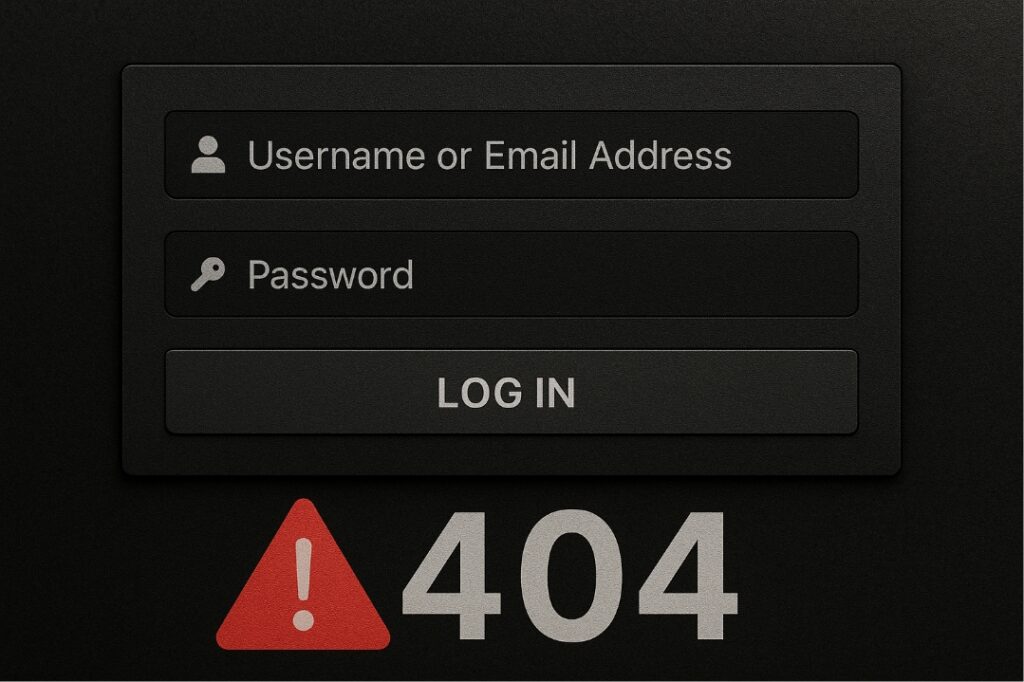 Realistic close-up of a login form with 404 error message representing a WooCommerce lost password redirect issue